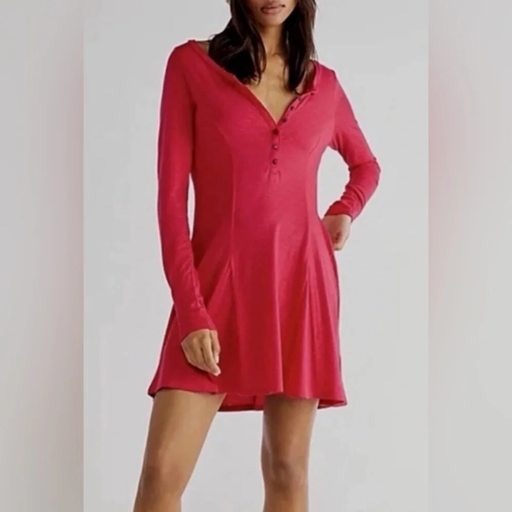 *AS IS* Free People Beach Miles‎ Of Henley Mini Dress Medium Pink Long Sleeve